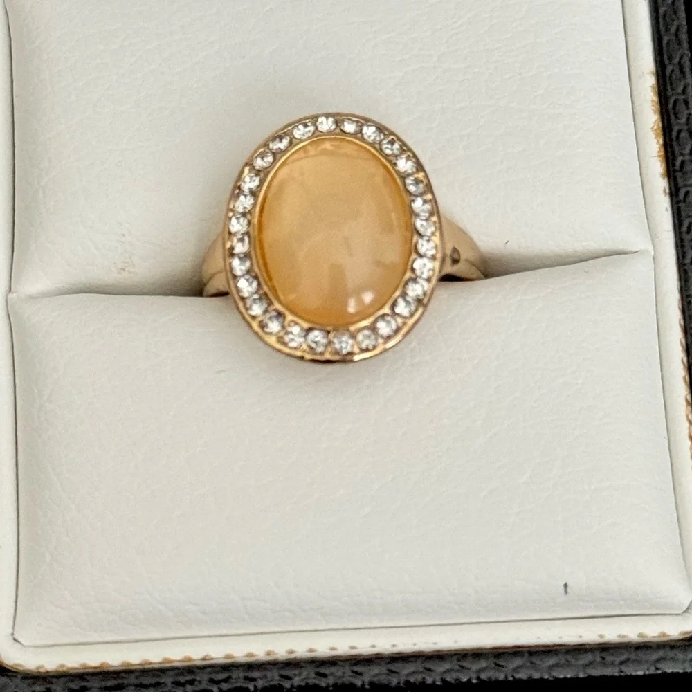 Gold Tone Oval Halo Ring with Honey Stone - Picture 2 of 3